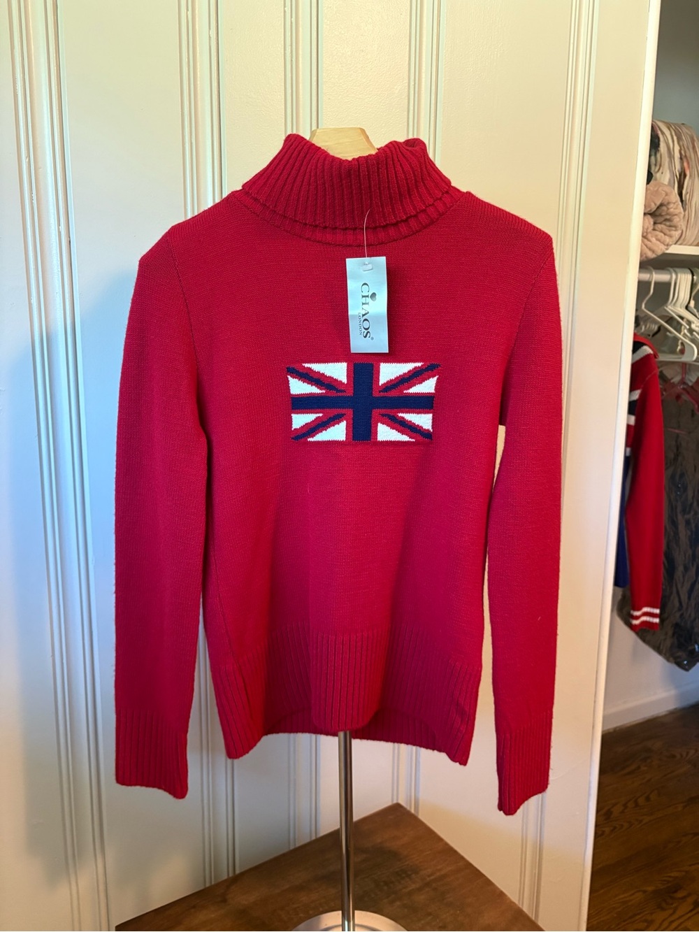 Chaps Red Turtleneck Sweater with British Flag